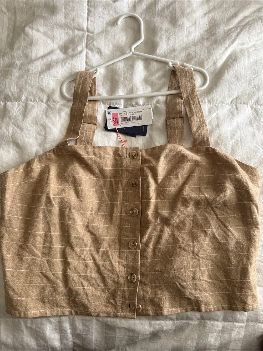 Skies are Blue Striped Tan Button-Front Crop Tank Top